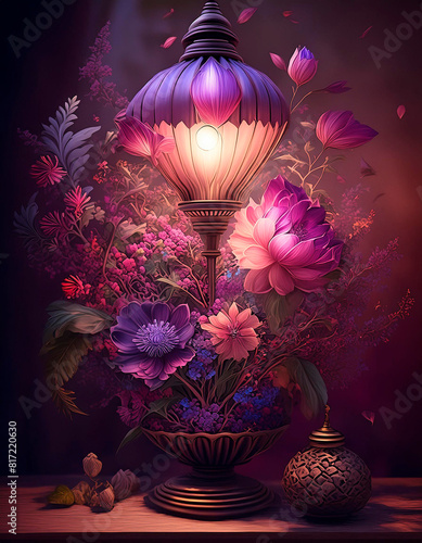 Surreal flower lamp with pink and purple shades, dark light tone. Floral background.