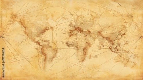 A vintage-style map with dotted lines connecting cities around the world, representing frequent business routes.