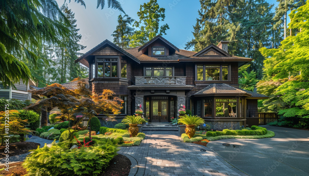 Elegant luxury house with a mocha brown exterior, surrounded by mature trees and well-designed landscaping. Summer full front view. Elegant luxury house with a mocha brown exterior, surrounded by mature trees and well-designed landscaping. Summer full front view.
