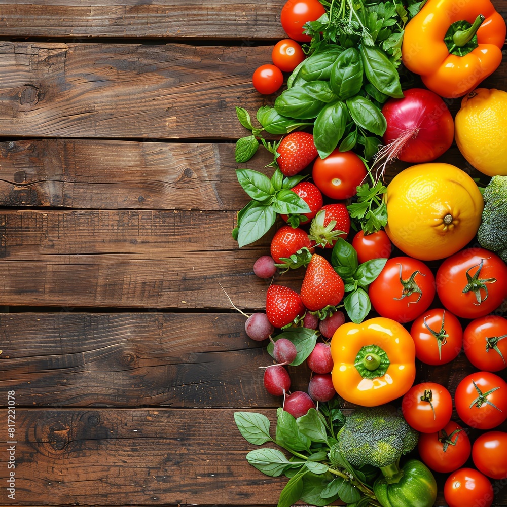 A vibrant array of fresh vegetables and fruits spread out on a wooden table, top view with space for text.