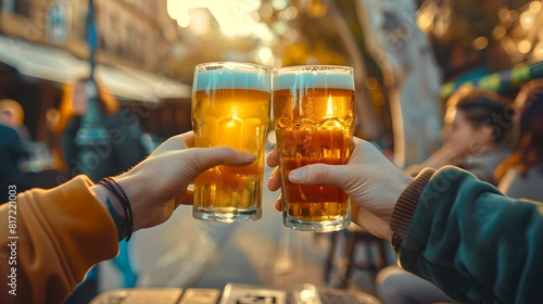 Friends toasting with beer at sunset in an outdoor cafe. Casual gathering  lifestyle moment captured. Cheers to friendship. AI