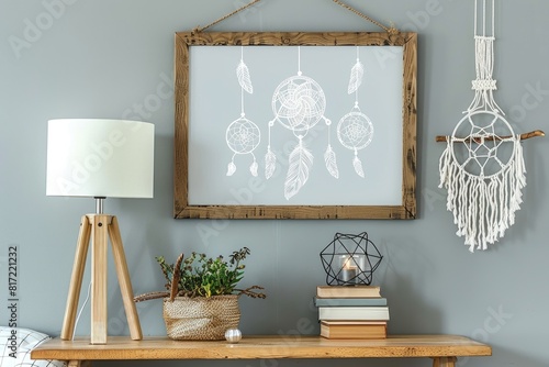 Dream catcher picture hangs above desk in room interior