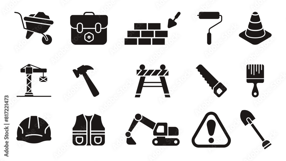 construction silhouette icons set vector design illustration template in trendy style construction silhouette icons set vector design illustration template in trendy style