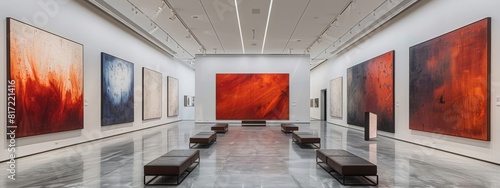 A contemporary art gallery with bold artworks, clean lines, and a minimalist design. photo