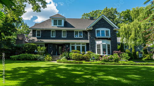 Elegant suburban home with a dark slate facade, complemented by bright white window frames and a lush green lawn. Full front view captured in summer." © Adnan