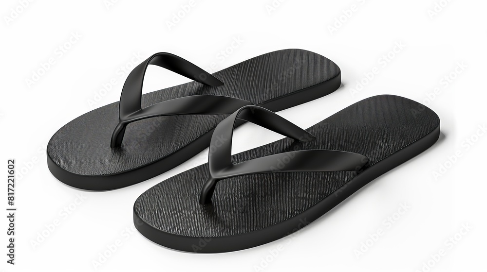 Illustration of a pair of blank black beach slippers, presented as a 3D mockup template on a white background. Illustration of a pair of blank black beach slippers, presented as a 3D mockup template on a white background.