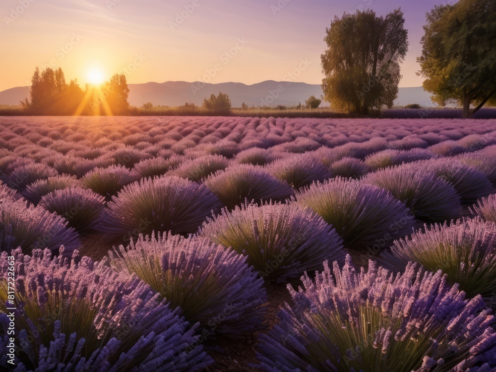 Soothing lavender field at sunset radiates serene tranquility. Soothing lavender field at sunset radiates serene tranquility.