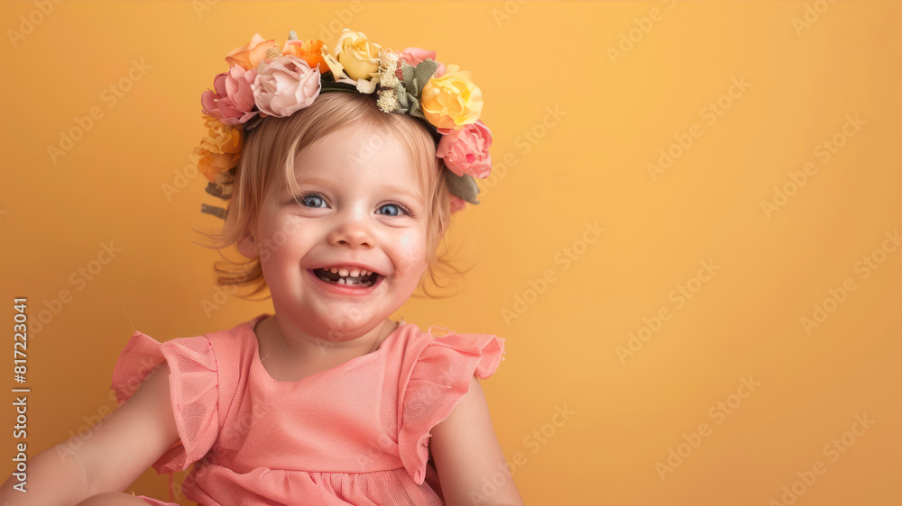 Portrait of a little girl in a wreath of flowers on a yellow background Portrait of a little girl in a wreath of flowers on a yellow background