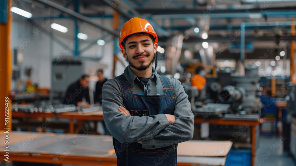 Portrait of confident worker in hardhat standing with arms crossed in factory Portrait of confident worker in hardhat standing with arms crossed in factory