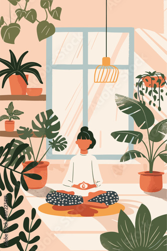 A vector illustration of a young woman practicing yoga at home surrounded by plants