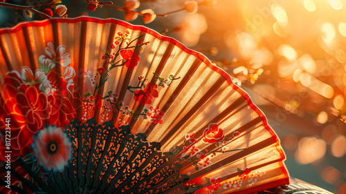 Decorative Asian fan with floral patterns in sunlight and bokeh.