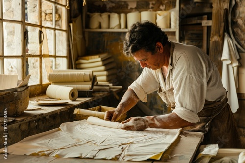 Artisan Crafting Handmade Paper in Rustic Workshop - Traditional Papermaking Process Surrounded by Natural Materials and Tools photo