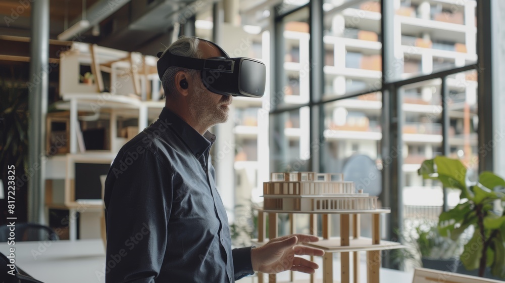 Engineer with Virtual Reality Headset Interacting with 3D Building Model in Modern Office Environment Engineer with Virtual Reality Headset Interacting with 3D Building Model in Modern Office Environment