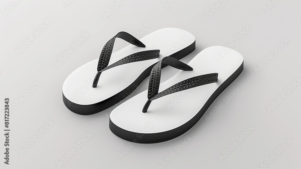 Mockup of a blank pair of flip flops, presented as a 3D illustration on a white background. Mockup of a blank pair of flip flops, presented as a 3D illustration on a white background.
