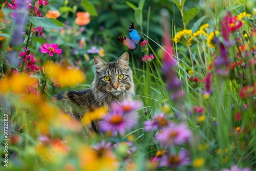 Playful Cat in Vibrant Flower Garden with Butterflies - Perfect for Posters © spyrakot