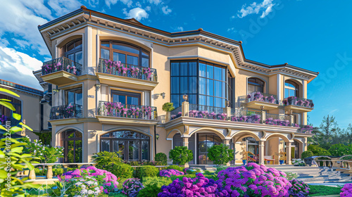 Wallpaper Mural Luxury home with a taupe exterior, displaying large balconies and a vibrant flower garden. Full front view on a bright summer day." Torontodigital.ca