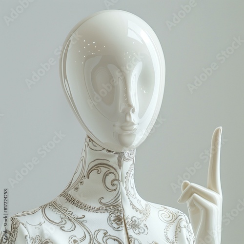 White faceless mannequin female indicates sign gesture with finger