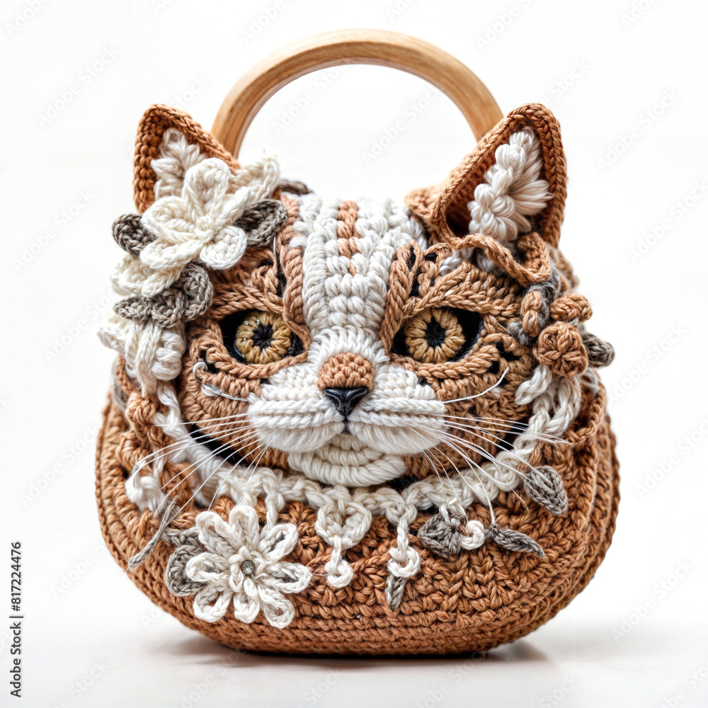 Purr-fectly Crafted: Tan and White Cat Purse with Floral Flair Purr-fectly Crafted: Tan and White Cat Purse with Floral Flair