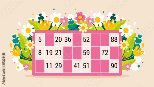 Illustration pour annoncer l'organisation d'un jeu de loto pour la fête des mères, carton de tombola décoré d'un bouquet de fleurs des champs, dessin original et coloré pour affiche de jeu de chance