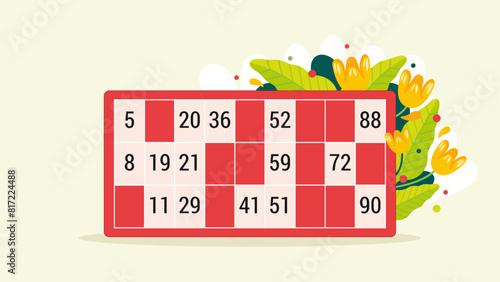 Carton de loto tombola rouge avec une grille de numéros, illustration de fleurs jaunes et de feuilles vertes, fête de quartier et organisation de jeu de hasard type loterie photo