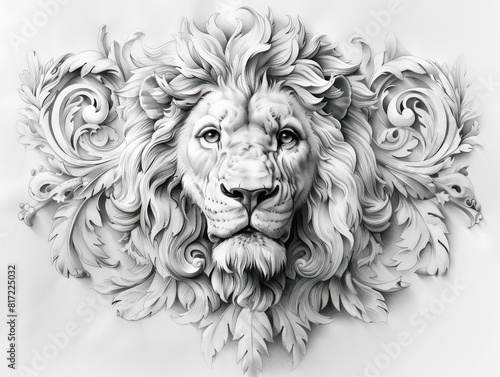 lion face symmetrical ornamental filigree, black and white stone statue, tattoo design