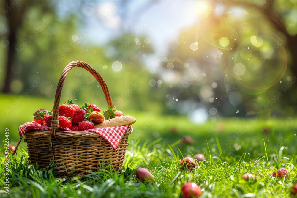 Picnic basket filled with summer treats on a lush green lawn under a sunny sky. AI generated. Picnic basket filled with summer treats on a lush green lawn under a sunny sky. AI generated.