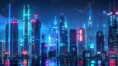 Futuristic skyline aglow with neon at night, displaying advanced tech and architecture.