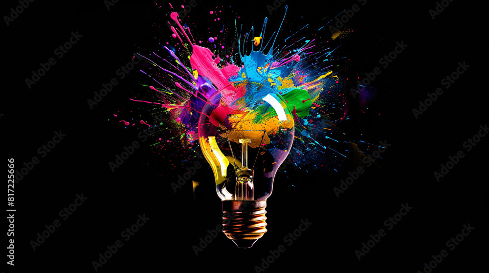 A creative light bulb explodes with colorful paint, new idea concept.Think different, creative idea. Productivity and creativity A creative light bulb explodes with colorful paint, new idea concept.Think different, creative idea. Productivity and creativity