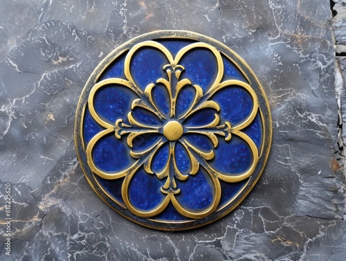 medieval guild metal symbol, blue and golden