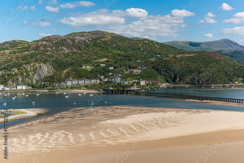 Helicopter aerial views of Barmouth town, Eryri(Snowden)National Park, North Wales 
