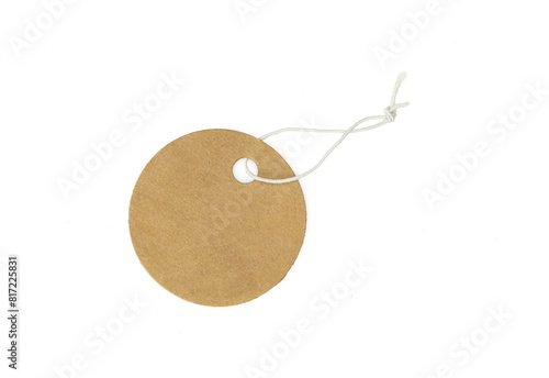Round brown paper tag with string isolated on white background. Blank single label card