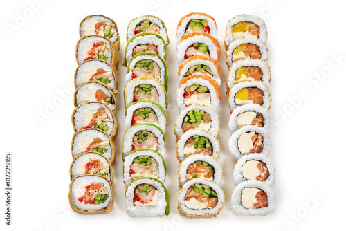 Enticing set of various sushi rolls on white background