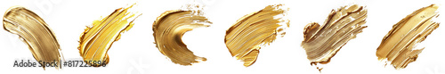 Golden paint brush strokes collection. Set of gold paint smear with glittering texture photo