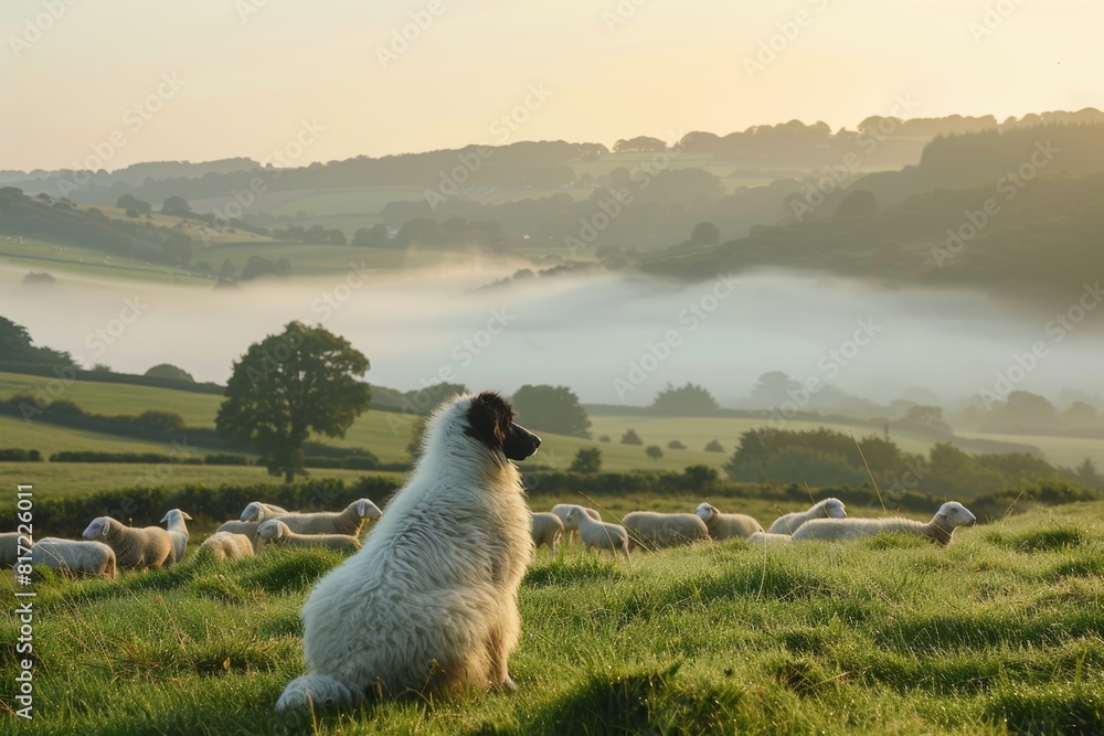 Naklejka premium Serene Morning in Meadow with Sheepdog Watching Over Flock, Fog Rolling Over Hills - Perfect for Nature Posters and Wall Art