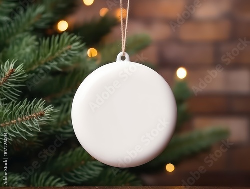 Christmas white blank round ceramic ornament hanging on christmas tree, mock up 