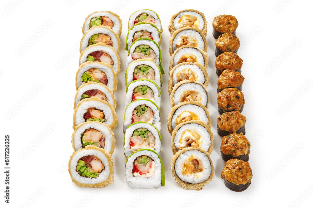 Crispy tempura chicken and shrimp rolls, baked norimaki, avocado topped uramaki