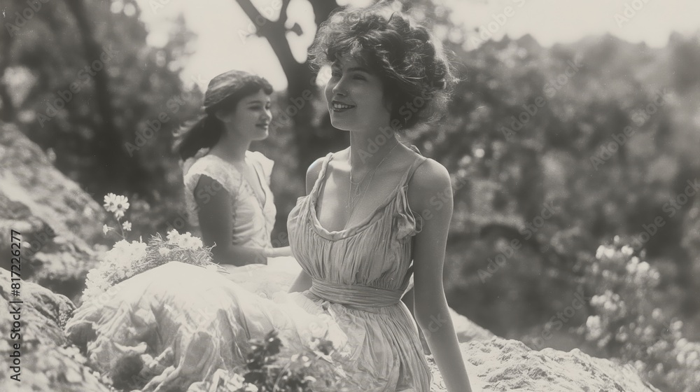 A black-and-white photo of smiling girls in summer dresses, sitting with a bouquet in their hands against a forest background A black-and-white photo of smiling girls in summer dresses, sitting with a bouquet in their hands against a forest background