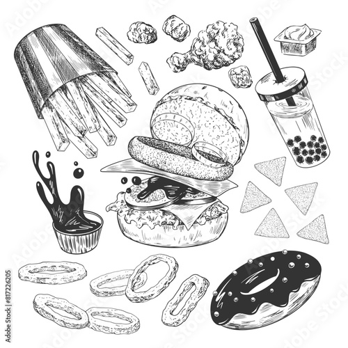 Set of fast food. Sketch style hamburger, french fries, sauce, chicken nuggets, burger, donut, fried onion rings, bubble tea, chips. Hand drawn collection of street food isolated in white background