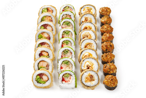 Obraz na płótnie Crispy tempura chicken and shrimp rolls, baked norimaki, avocado topped uramaki w salonie