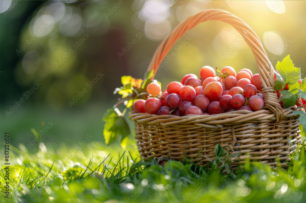 Picnic basket with delicious summer fruits and snacks on bright green grass on a clear sunny day. AI generated. Picnic basket with delicious summer fruits and snacks on bright green grass on a clear sunny day. AI generated.