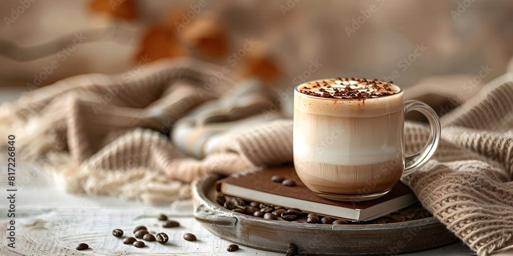 Rustic setting with hazelnut latte and notebook for a cozy break. Concept Cozy Ambiance, Rustic Setting, Hazelnut Latte, Notebook, Break Time Rustic setting with hazelnut latte and notebook for a cozy break. Concept Cozy Ambiance, Rustic Setting, Hazelnut Latte, Notebook, Break Time