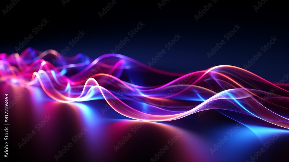Naklejka premium A series of luminous neon waves in shades of purple and electric blue against a dark backdrop create a stunning visual effect. Abstract neon background. High quality illustration