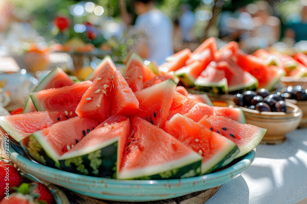 Close-up of vibrant watermelon slices on a ceramic plate at a sunny garden party.. AI generated. Close-up of vibrant watermelon slices on a ceramic plate at a sunny garden party.. AI generated.