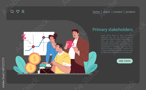 Primary stakeholders concept. Team evaluates financial growth through data analysis.