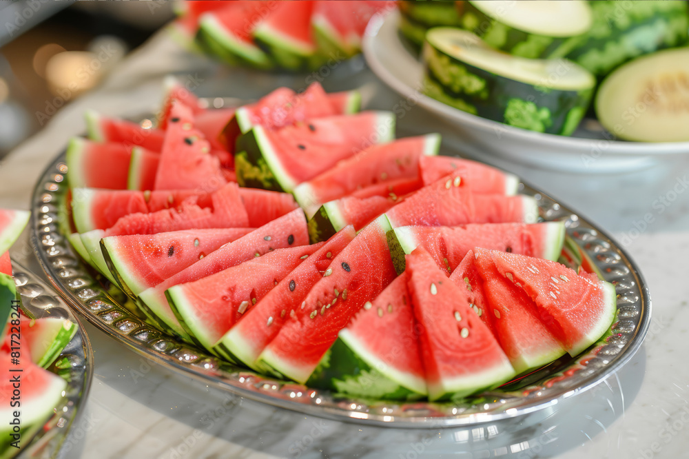 Watermelon slices neatly arranged on a plate, ready for a fun summer garden party.. AI generated. Watermelon slices neatly arranged on a plate, ready for a fun summer garden party.. AI generated.
