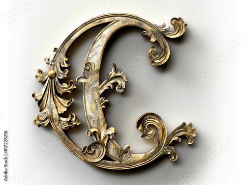 C old english letter in gold fine relief on white background