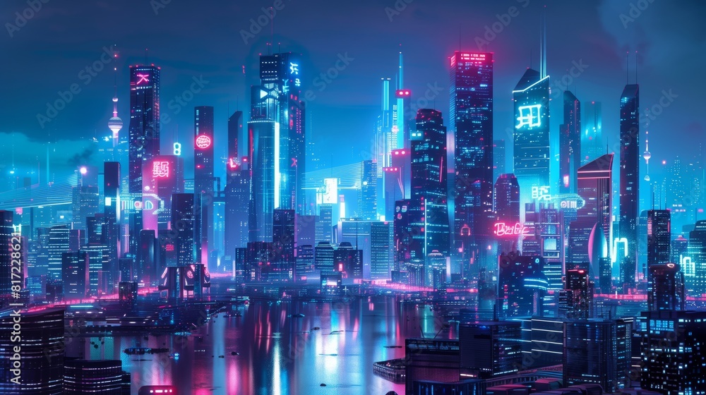Futuristic skyline at night, aglow with neon and sleek designs, showcasing tech progress. Futuristic skyline at night, aglow with neon and sleek designs, showcasing tech progress.