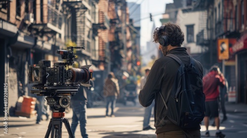 Filmmaker Directing Urban Street Scene with Actors and Crew for Dramatic Moment Capture © spyrakot