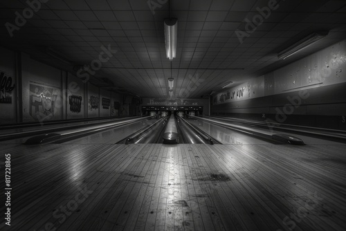 Nostalgic and Eerie Black and White Abandoned Bowling Alley - Perfect for Vintage Art Prints or Posters