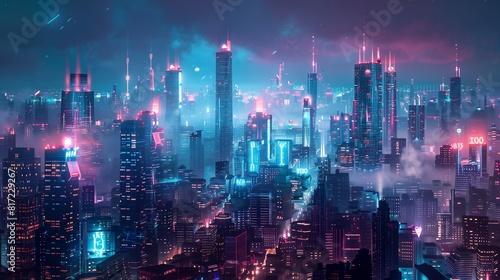 Neon-lit skyline with advanced architecture displays tech progress at night.